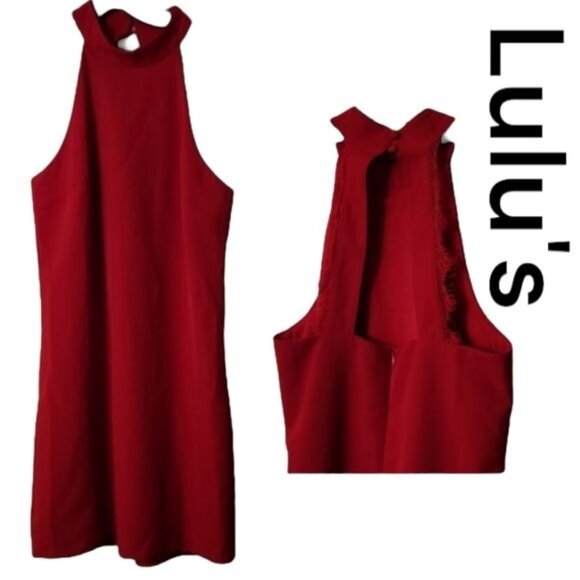 Lulus Dresses & Skirts - Lulu's Small Red Sheath Halter Dress with Lace Accent